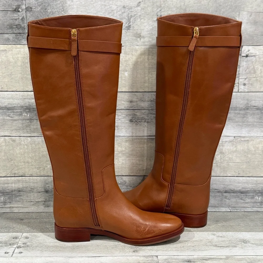TORY BURCH EVERLY STRAP RIDING BOOTS - SIERRA TAN - SIZE - 7M .US
